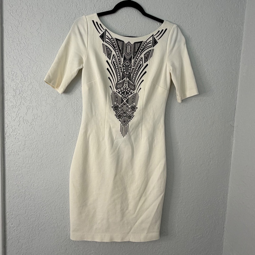 Laundry by Shelli Segal Cream Black Geometric Embroidered Sheath Dress Size 2